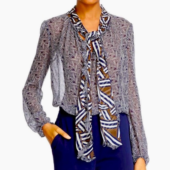 Diane Von Furstenberg sheer navy pattern blouse, size 6 - Picture 1 of 10